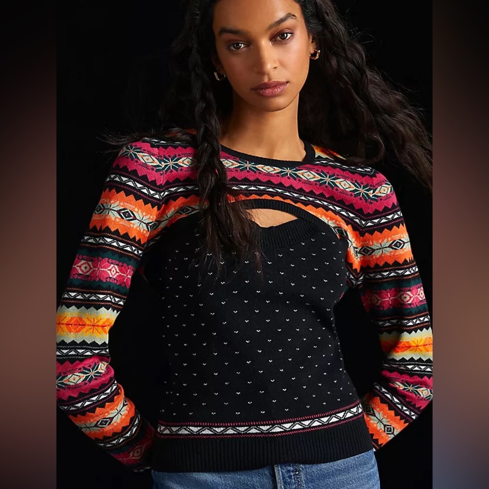 Anthropologie Maeve Black and Pink Patterned Sweater